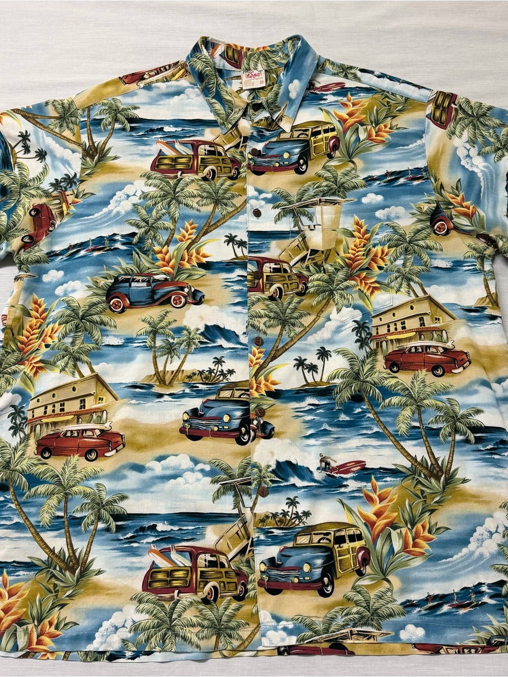 Vintage Go Barefoot Mens 2XL Hawaiian Woodie Wagon Surf Coconut Buttons Shirt